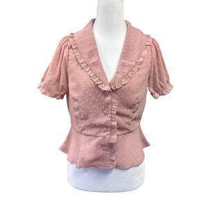 NWOT  Chocolate USA Pink Puff Sleeve Crop Shawl Collar Blouse Sz M